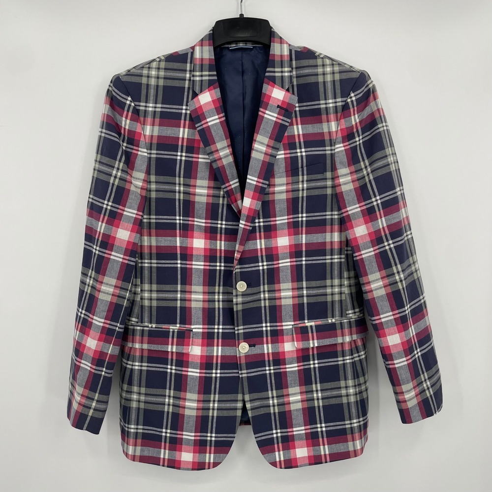 Tommy‎ Hilfiger Mens 40L Plaid Blazer Cotton 2 Button Sport Coat Navy Red White